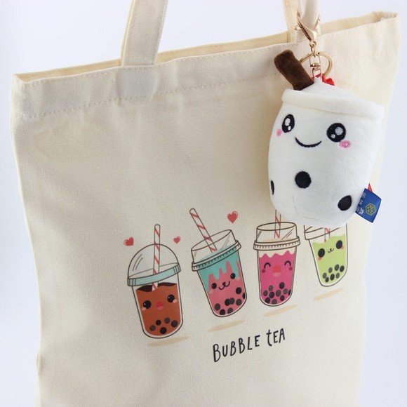 Canvas Boba Tote Bag Zipper with a White Boba Keychain - Picture 4 of 6